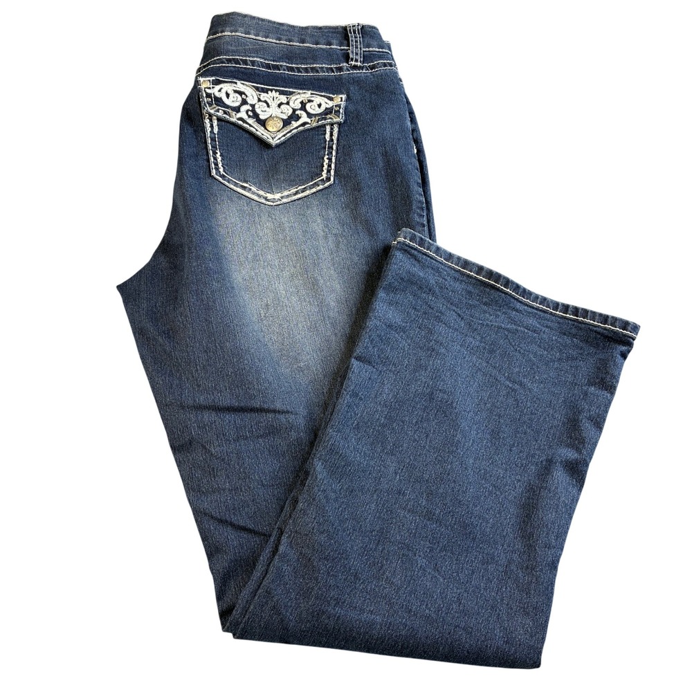 NDweekend Women's Dark Wash Flare Jeans Size 16 Embroidered Sequin Pockets‎ Y2KK